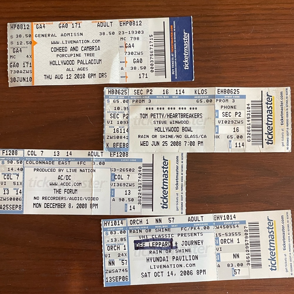 Concert Ticket Stubs: Tom Petty, AC/DC, Journey, Def Leppard, Porcupine Tree